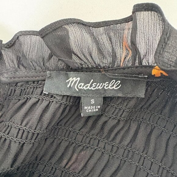 Madewell Georgette Ruffle Collar Smocked Top Size S Black Floral Sheer Sleeves - Picture 5 of 11